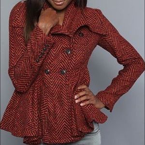 Women's Red Herringbone Double-Breasted Coat